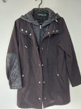 Ralph Lauren Women's Sz S Soft Shell Jacket Full Zip Hooded Black Elbow Patches